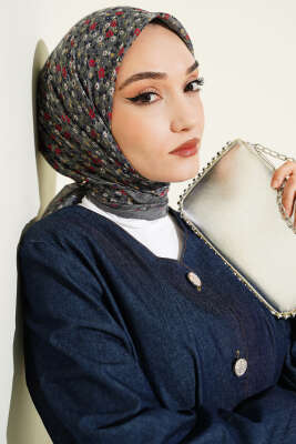 Mini Çiçek Detaylı Eşarp Gri - Başörtüsü