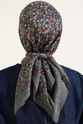 Mini Çiçek Detaylı Eşarp Gri - Başörtüsü