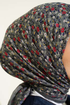 Mini Çiçek Detaylı Eşarp Gri - Başörtüsü