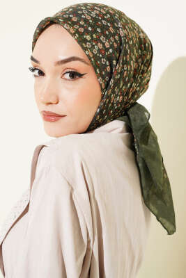 Mini Çiçek Detaylı Eşarp Haki - Başörtüsü