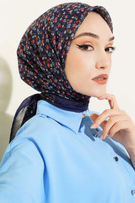 Mini Çiçek Detaylı Eşarp Lacivert - Başörtüsü