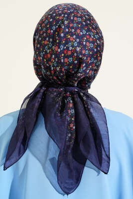 Mini Çiçek Detaylı Eşarp Lacivert - Başörtüsü