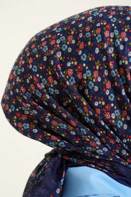 Mini Çiçek Detaylı Eşarp Lacivert - Başörtüsü