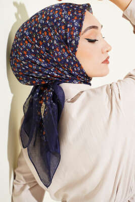 Mini Çiçek Detaylı Eşarp Lacivert Mavi - SİNEM EŞARP