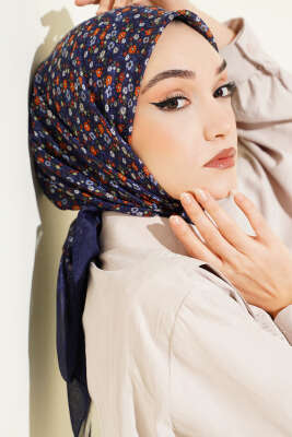 Mini Çiçek Detaylı Eşarp Lacivert Mavi - Başörtüsü