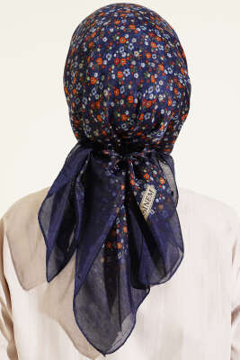 Mini Çiçek Detaylı Eşarp Lacivert Mavi - Başörtüsü