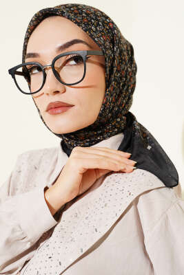 Mini Çiçek Detaylı Eşarp Siyah - Başörtüsü