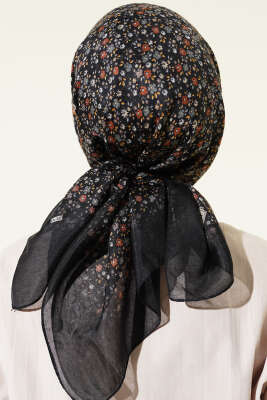 Mini Çiçek Detaylı Eşarp Siyah - Başörtüsü
