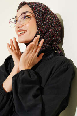 Mini Çiçek Detaylı Eşarp Siyah Bordo - Başörtüsü