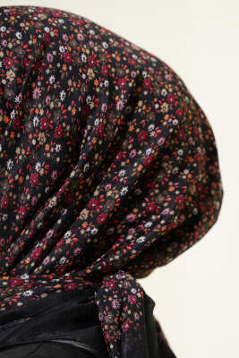 Mini Çiçek Detaylı Eşarp Siyah Bordo - Başörtüsü