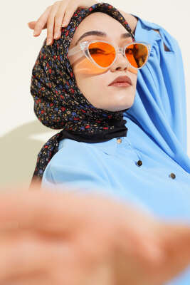 Mini Çiçek Detaylı Eşarp Siyah Mavi - SİNEM EŞARP