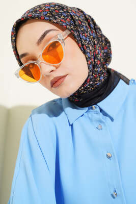 Mini Çiçek Detaylı Eşarp Siyah Mavi - Başörtüsü