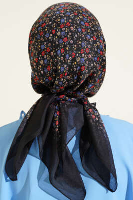 Mini Çiçek Detaylı Eşarp Siyah Mavi - Başörtüsü