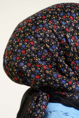 Mini Çiçek Detaylı Eşarp Siyah Mavi - Başörtüsü