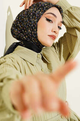 Mini Çiçek Detaylı Eşarp Siyah Pembe - SİNEM EŞARP