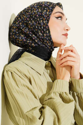 Mini Çiçek Detaylı Eşarp Siyah Pembe - Başörtüsü