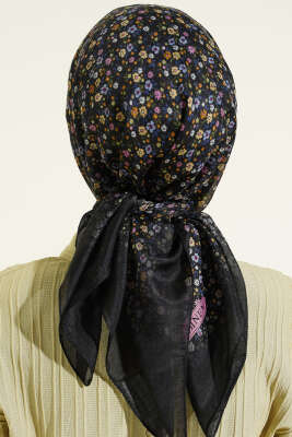 Mini Çiçek Detaylı Eşarp Siyah Pembe - Başörtüsü
