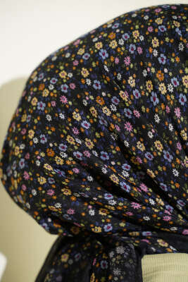 Mini Çiçek Detaylı Eşarp Siyah Pembe - Başörtüsü