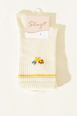 Mini Çiçek Detaylı Kadın Soket Çorap Ekru 