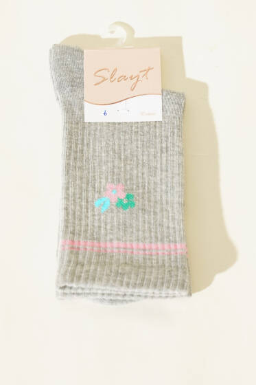 Mini Çiçek Detaylı Kadın Soket Çorap Gri - Soket Çorap