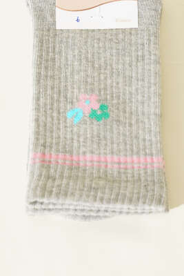 Mini Çiçek Detaylı Kadın Soket Çorap Gri - Soket Çorap