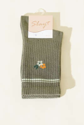 Mini Çiçek Detaylı Kadın Soket Çorap Haki - SLAYT