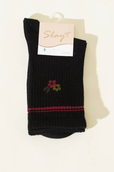Mini Çiçek Detaylı Kadın Soket Çorap Siyah - Soket Çorap