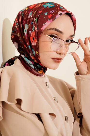 Mini Çiçek Detaylı Soft Eşarp Bordo - Başörtüsü