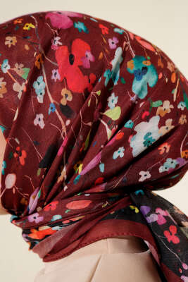 Mini Çiçek Detaylı Soft Eşarp Bordo - Başörtüsü