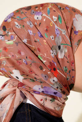 Mini Çiçek Detaylı Soft Eşarp Camel - Başörtüsü