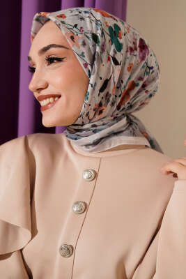 Mini Çiçek Detaylı Soft Eşarp Gri 