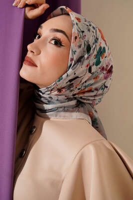 Mini Çiçek Detaylı Soft Eşarp Gri - Başörtüsü