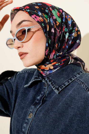 Mini Çiçek Detaylı Soft Eşarp Lacivert - Başörtüsü