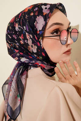 Mini Çiçek Detaylı Soft Eşarp Lacivert Bej - Başörtüsü