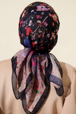 Mini Çiçek Detaylı Soft Eşarp Lacivert Bej - Başörtüsü