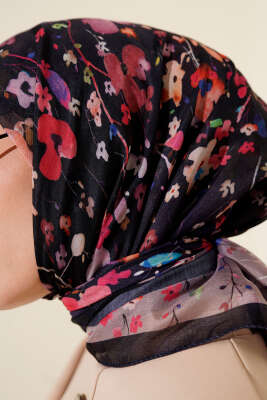 Mini Çiçek Detaylı Soft Eşarp Lacivert Bej - Başörtüsü