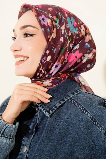 Mini Çiçek Detaylı Soft Eşarp Mürdüm - Başörtüsü