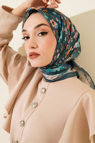 Mini Çiçek Detaylı Soft Eşarp Petrol Yeşili - Başörtüsü