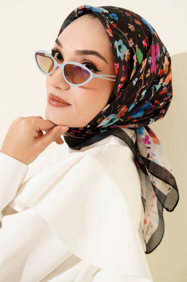 Mini Çiçek Detaylı Soft Eşarp Siyah - Başörtüsü