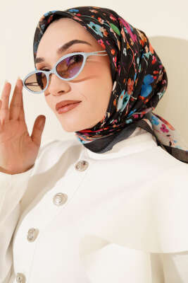 Mini Çiçek Detaylı Soft Eşarp Siyah - Başörtüsü