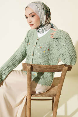 Mini Çiçek Nakışlı Kısa Triko Hırka Çağla Yeşili - VANİZA TRİKO