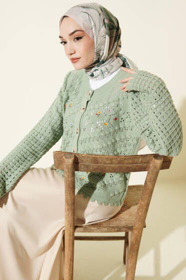 Mini Çiçek Nakışlı Kısa Triko Hırka Çağla Yeşili - Hırka