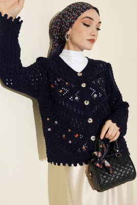 Mini Çiçek Nakışlı Kısa Triko Hırka Lacivert - VANİZA TRİKO