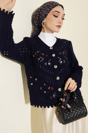 Mini Çiçek Nakışlı Kısa Triko Hırka Lacivert - Hırka