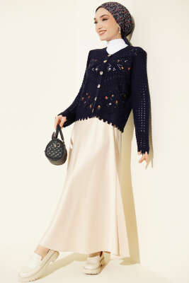 Mini Çiçek Nakışlı Kısa Triko Hırka Lacivert - Hırka