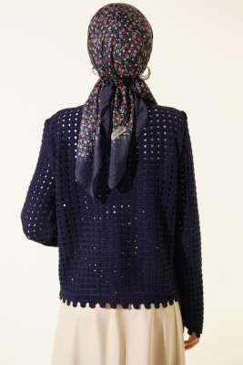 Mini Çiçek Nakışlı Kısa Triko Hırka Lacivert - Hırka