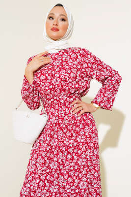 Mini Çiçekli Bel lastikli Bürümcük Elbise Bordo 