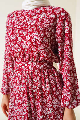 Mini Çiçekli Bel lastikli Bürümcük Elbise Bordo - Tesettür Elbise