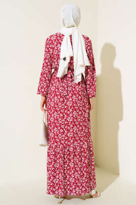 Mini Çiçekli Bel lastikli Bürümcük Elbise Bordo - Tesettür Elbise