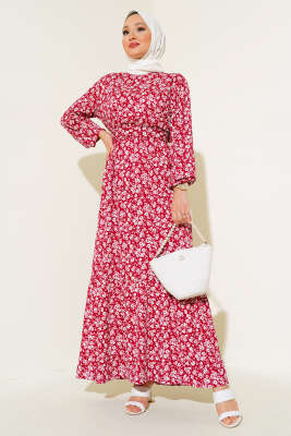 Mini Çiçekli Bel lastikli Bürümcük Elbise Bordo - Tesettür Elbise